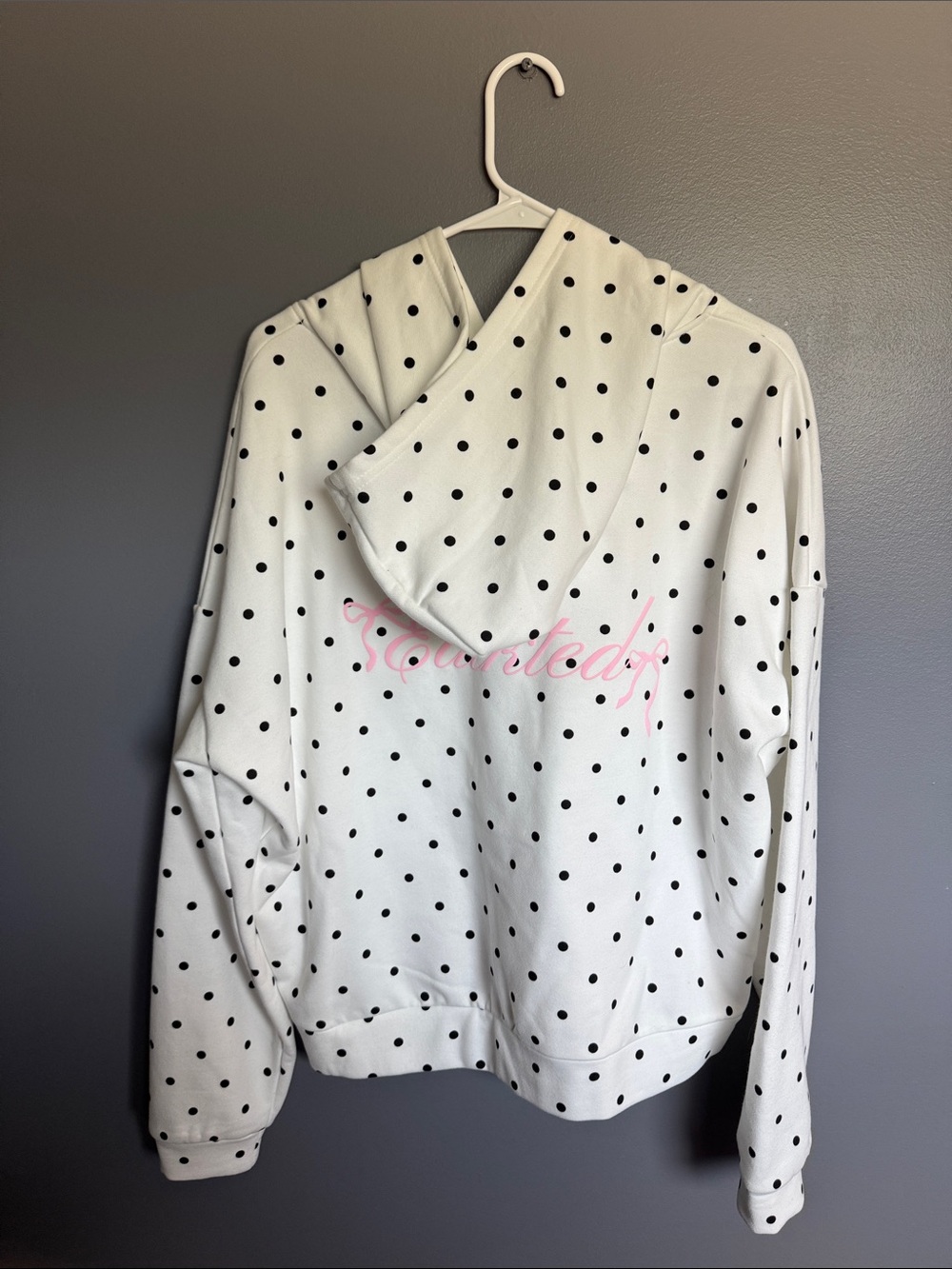 Edikted White Polka Dot Hoodie with Pink Script Logo - Picture 2 of 5